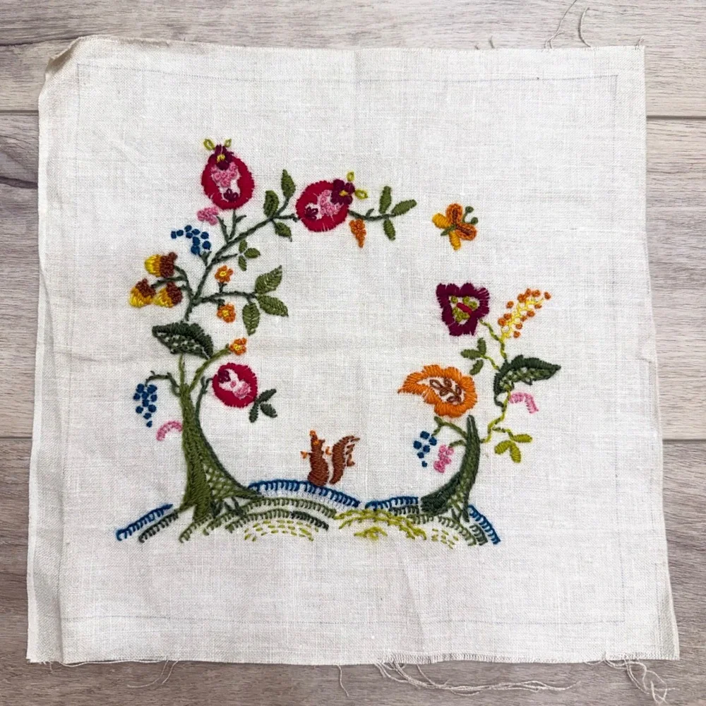 Vintage Hand Embroidered Linen Panel Squirrel Floral Crewel Folk Art 13x14